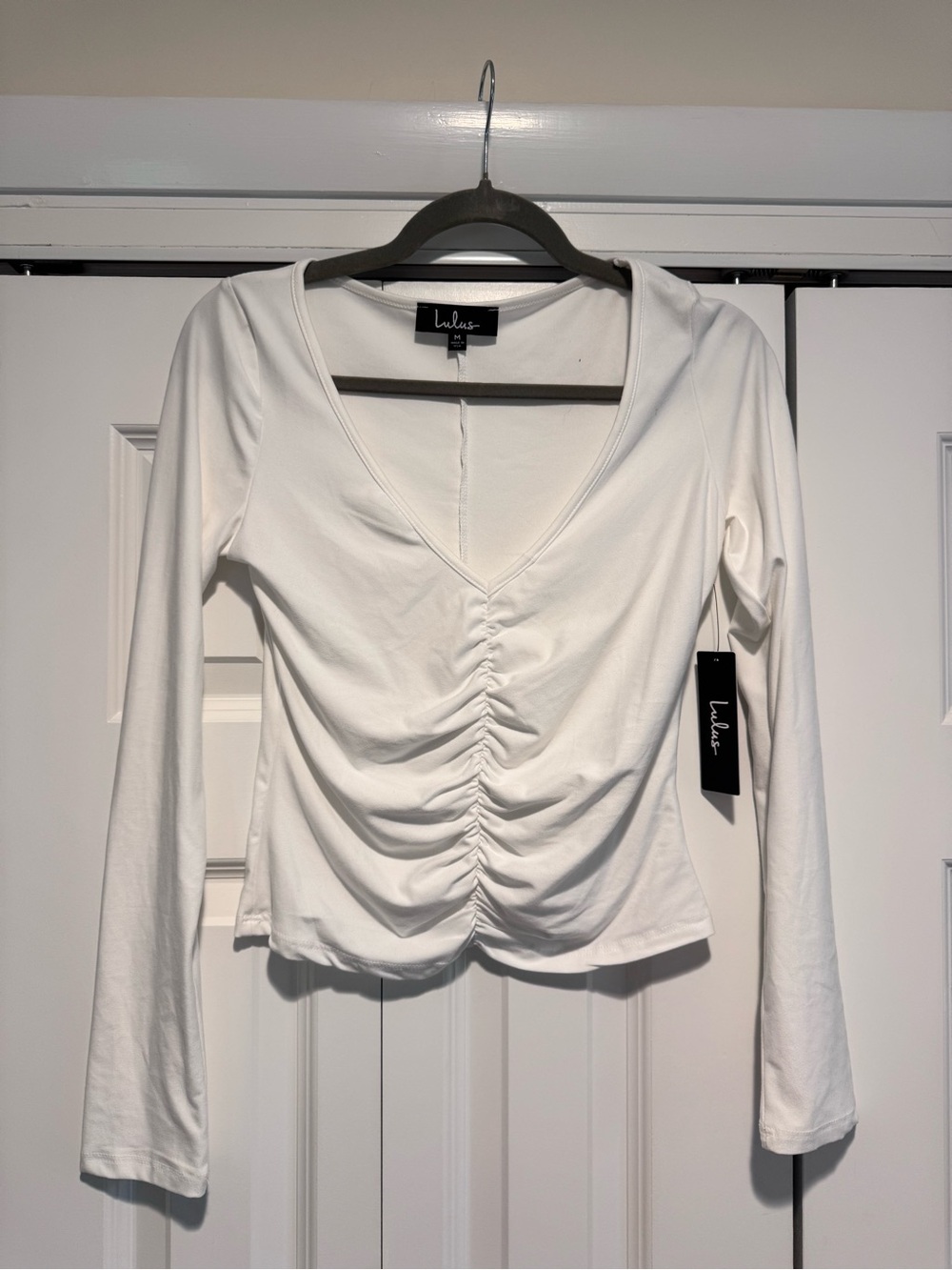 Lulu's White Long Sleeve Ruched V-Neck Top